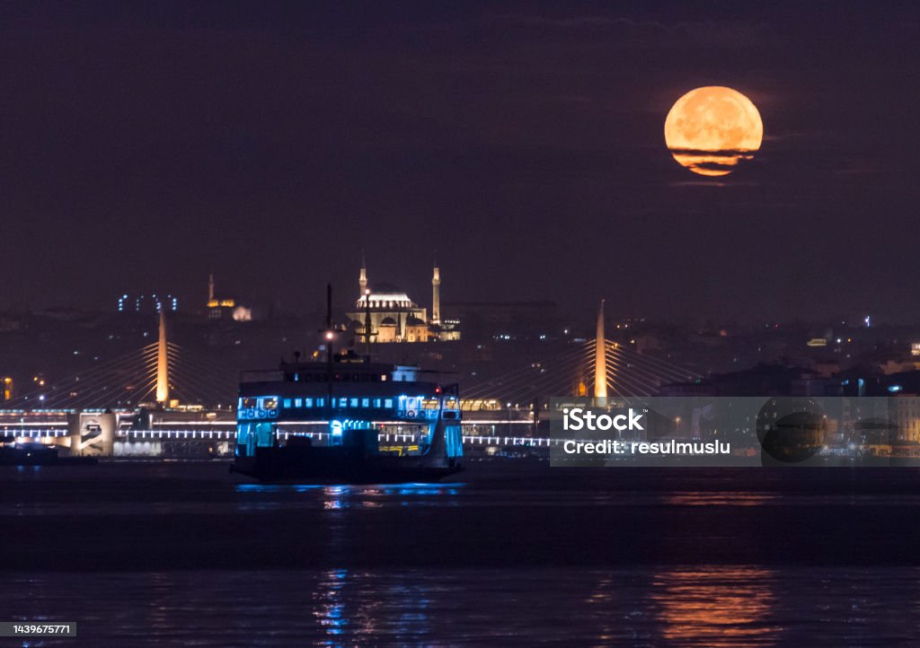 Istanbul, Turkey. Istanbul bosphorus with moonset fullmoon view. Istanbul, Turkey. Anatolia Stock Photo