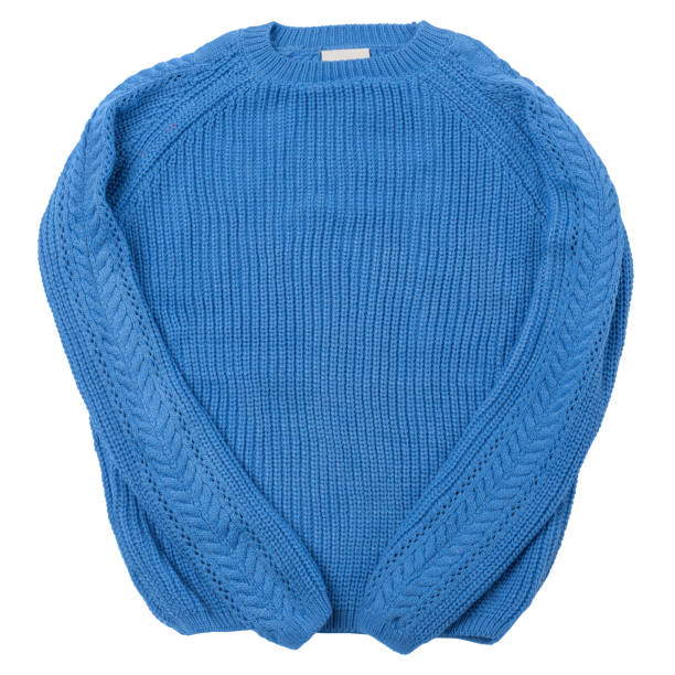 istock Blue knitted sweater with neatly folded sleeves, on a white background 1439679221