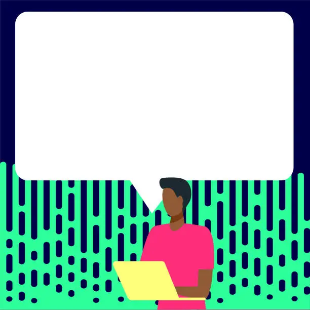 Vector illustration of Presenter With Conversation Bubble Showing New Announcement. Colleague Speech Balloon Presenting Fresh And Important News Messages.