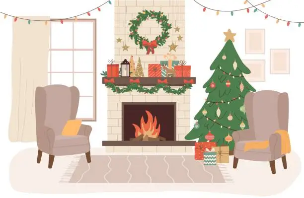Vector illustration of Cozy living room decorated for the Christmas and New Year flat vector illustration
