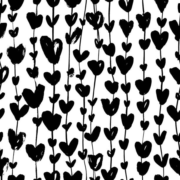 czarne sylwetki, bluszcz serca, bezszwowy wzór. - flower flourishes paint backgrounds stock illustrations