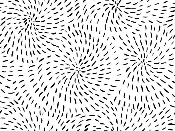 Dotted, dashed lines seamless pattern. Dotted, dashed lines seamless pattern. Black and white vector hatching texture. Spirals seamless doodle pattern. Circular and swirl shapes with short lines and dashes. Brush drawn random strokes. natural pattern stock illustrations