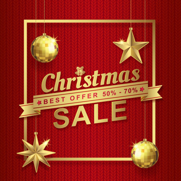 ilustrações de stock, clip art, desenhos animados e ícones de christmas sale banner template typography, fame, golden glitter balls, hanging stars, snow and ribbons decoration for flyers, poster, web, banner, and card vector illustration - christmas shopping store retail