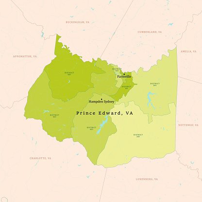 VA Prince Edward County Vector Map Green. All source data is in the public domain. U.S. Census Bureau Census Tiger. Used Layers: areawater, linearwater, cousub, pointlm.