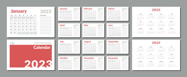 Set of 2023-2024 Calendar Planner Template with Place for Notes, Photo and Company Logo. Vector layout of a wall or desk simple calendar with week start monday. Calendar grid in grey color for print Set of 2023-2024 Calendar Planner Template with Place for Notes, Photo and Company Logo. Vector layout of a wall or desk simple calendar with week start monday. Calendar grid in grey color for print kalender stock illustrations