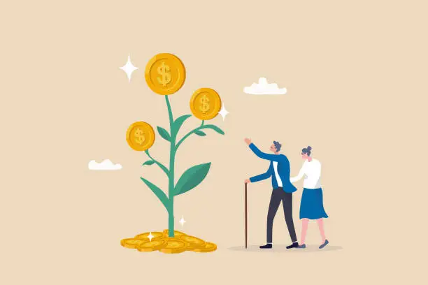 Vector illustration of Retirement pension fund, investment profit or earning for retiree, 401k or savings and senior financial planning, wealth management concept, elderly couple, grandpa look at money growth plant profit.