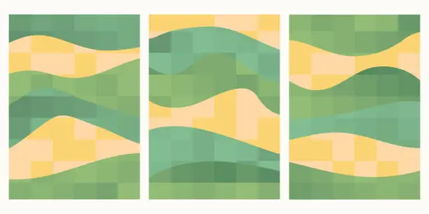 Vector illustration of Abstract green mosaic field background. Square polygon or pixel block eco vector illustration. Farmland aerial view, spring countryside landscape. Geometric ornament backdrop, ecology simple poster
