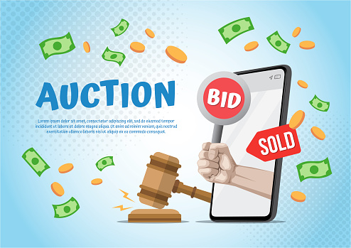 Hand holding auction paddle on smartphone. Auction online, vector illustration