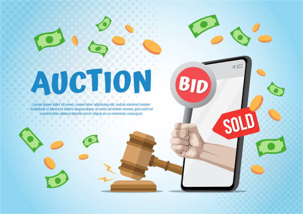 Auction and mobile phone bidding concept Hand holding auction paddle on smartphone. Auction online, vector illustration e auction stock illustrations