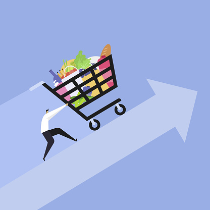 Illustration of a customer pushing the shopping cart up. A price hike concept