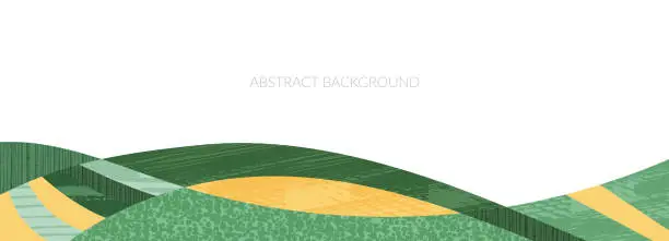 Vector illustration of Abstract farm field collage background. Agro land backdrop, farmland landscape vector illustration with texture. Oriental decorative banner, eco design, green rural panorama, ecology art header