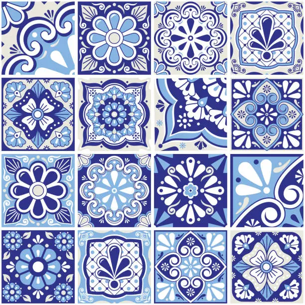 Vector illustration of Mexican talavera tiles big collection, decorative seamless vector pattern set with flowers, leaves ans swirls in navy blue