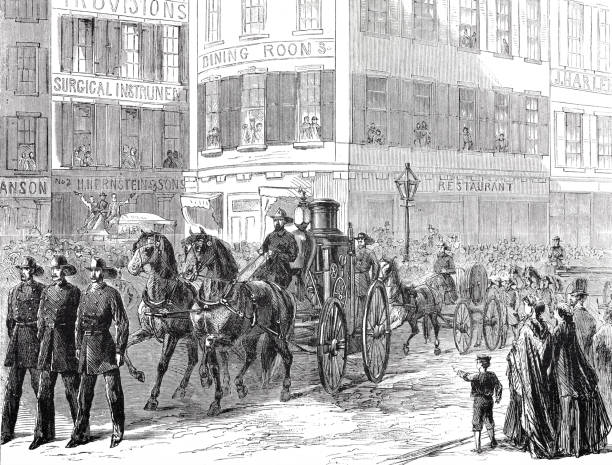 ilustrações de stock, clip art, desenhos animados e ícones de new york city, parade of the fire department, 1866 - 1866