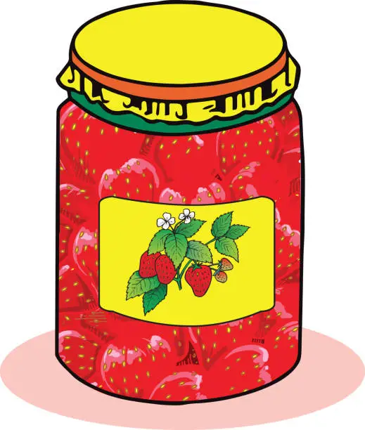 Vector illustration of Strawberry jam in glass jar vector flat illustration.