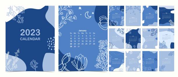 illustrazioni stock, clip art, cartoni animati e icone di tendenza di la settimana del calendario da tavolo 2023 inizia la domenica con il fiore blu - sweet magnolia magnolia flowers plants