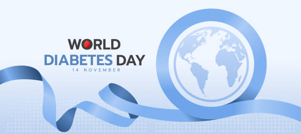 world diabetes day - blue ribbon waving make roll blue circle ring sign and globe world sign vector design world diabetes day - blue ribbon waving make roll blue circle ring sign and globe world sign vector design diabetes backgrounds stock illustrations