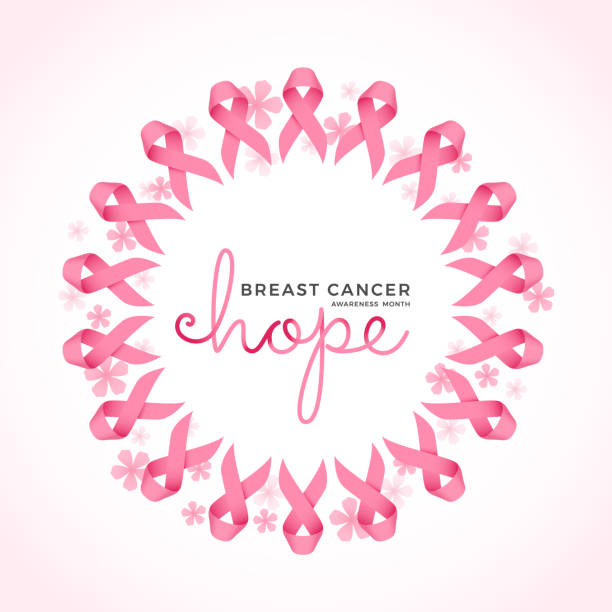 Hope, Breast cancer awareness month text in pink ribbons sign and flower around circle frame vector design Hope, Breast cancer awareness month text in pink ribbons sign and flower around circle frame vector design brest cancer hope stock illustrations