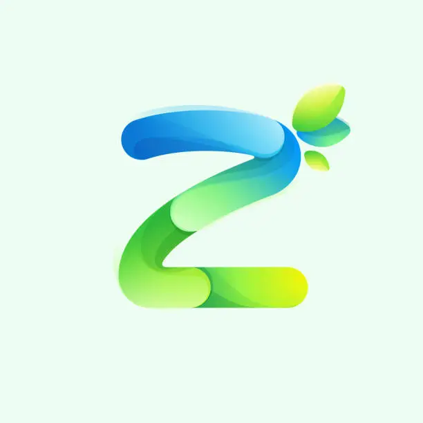 Vector illustration of Letter Z eco logo with gradient lines with green leaf. Environment friendly icon made of overlapping parts.