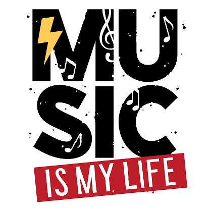 Vector illustration with music slogan, lightning and musical symbols for t shirt design