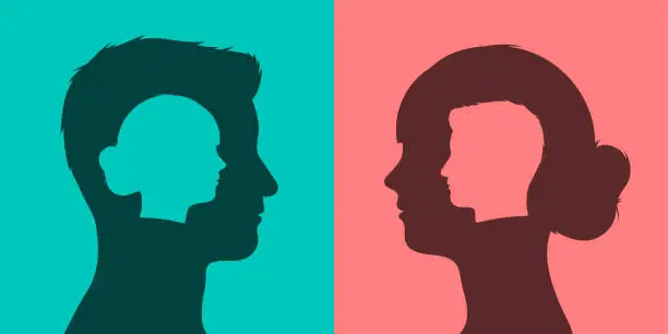 Vector illustration of Vector of woman and man heads with open mind