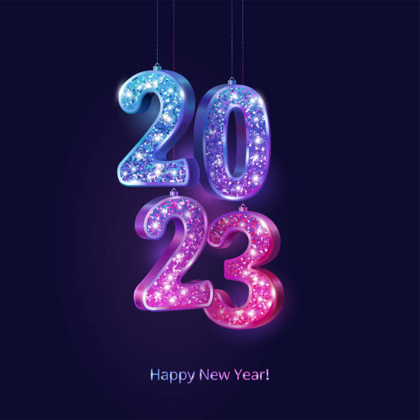 istock 2023 volumetric sparkling glitter numbers hanging on strings. Blue to pink colorful gradient. Happy new year banner. 1439696685