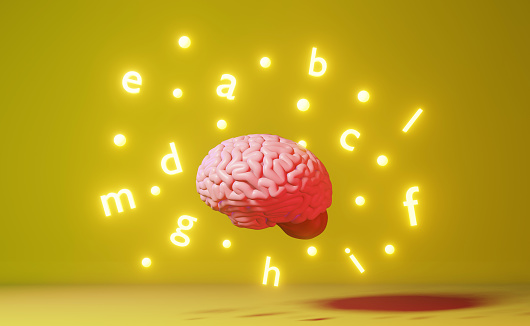 English learning Foreign language fluency improvement studying Human brain letters yellow background 3d rendering. Memory Remote Online Application Education course Expressions idiom Listening Reading