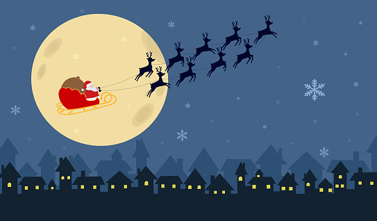 Merry Christmas happy new year banner vector illustration, Santa Claus flying in  sleigh with nine reindeers on sky night full moon over silhouette city town during snow falling , calibration holiday background.