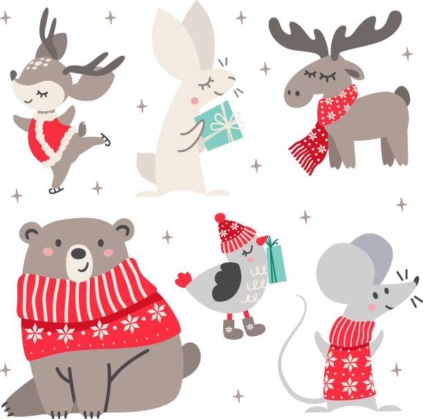 Print Vector set of Christmas characters. Animals in winter clothes. Cute mouse, bear, deer, moose, hare, sparrow. New Year tree with gifts how to draw a moose drawing stock illustrations