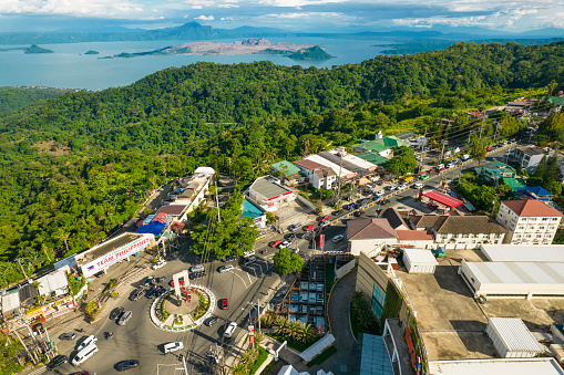 Tagaytay, Cavite, Philippines - May 2022: Aerial of the the Tagaytay Rotonda and highway.