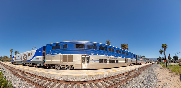Santa Barbara, USA - March 16, 2019: the pacific surfliner train enters the station at Santa Barbara. The surfliner serves the Route San Diego to San Luis Obispo.