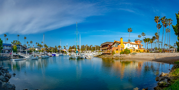 Ventura, USA - April 24, 2019: scenic view to old historic houses at beach promenade of Ventura, USA.