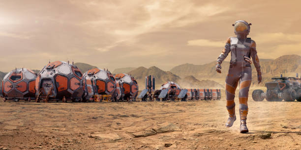 istock Female Astronaut On Mars Walking Near To Base 1439699579