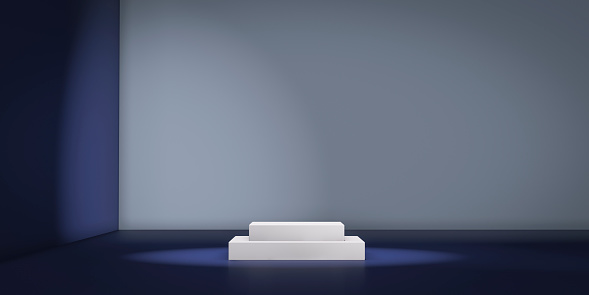 Empty rectangular podium in blue studio. Exhibition and business presentation stage. 3D illustration.