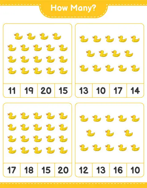 Vector illustration of Counting game, how many Rubber Duck. Educational children game, printable worksheet, vector illustration