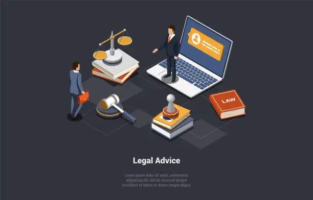 Vector illustration of Concept Of Legal Advice. Law Education, Justice and Equality, Professional Lawsuits Guidance. Lawyer and Customer in Lawyer Office Signing Legal Contract. Isometric 3d Cartoon Vector Illustration
