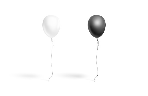 Blank black and white round balloon flying mockup, front view, 3d rendering. Empty decoration mylar or foil levitation balloons for party mock up, isolated. Clear gift bubble with ribbon template.