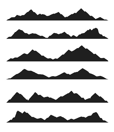 Mountain silhouette. Vector horizontal landscape with silhouette mountain peaks. Set of high mountains and rocky landscapes isolated on white background. Outdoor and hiking concept. Panoramic view