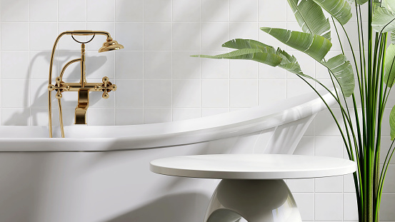 White round ceramic side table by bathtub in luxury design bathroom and tropical banana tree with dappled sunlight from window and leaf shadow on white tile wall for personal care and toiletries product display