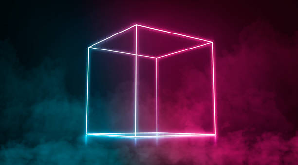istock Colored neon glowing box stand in darkness, half-turned view 1439704601