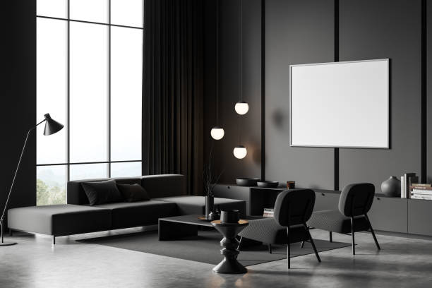 istock Grey living room interior with couch, armchair and panoramic window. Mockup frame 1439705183