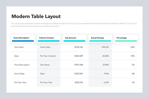 Modern table layout template with five colorful columns.	Simple flat template for data visualization.