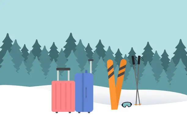Vector illustration of Winter Holiday Concept With Luggages And Pair Of Skis On Snowy Landscape Background