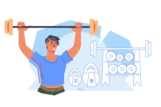 Vector illustration of Man keeps fit with sports exercises and weights lifting, flat vector isolated.