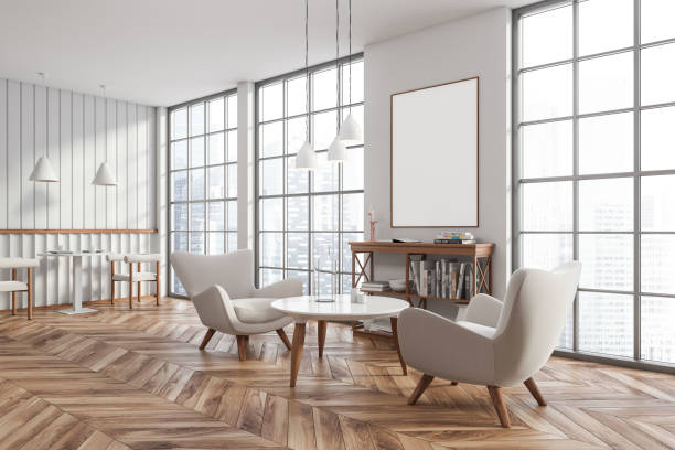 istock Corner view on modern bright cafe interior with white poster 1439705375