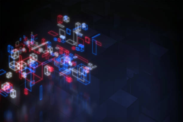 istock Digital innovation background with floating blocks glowing with neon lights 1439705397