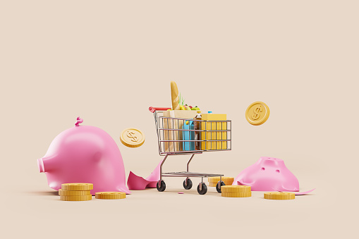 Shopping cart with products and broken piggy bank with dollar coins, empty beige background. Concept of inflation and high prices. Copy space. 3D rendering