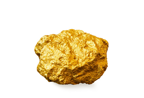 Golden nugget on an isolated white background. Precious metal, The concept of wealth, investment, contribution.