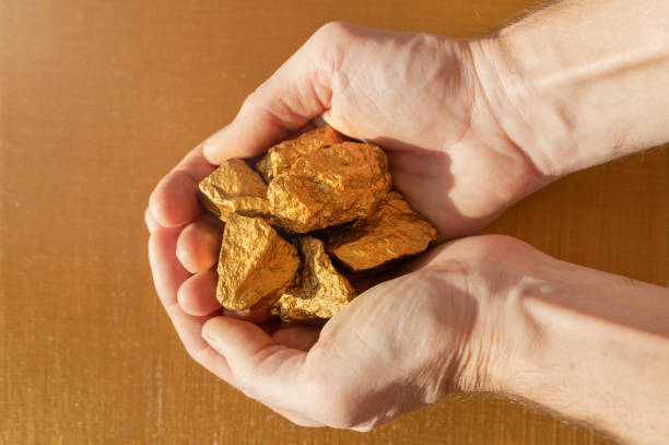 istock Large gold nuggets in a person's palms. 1439706050