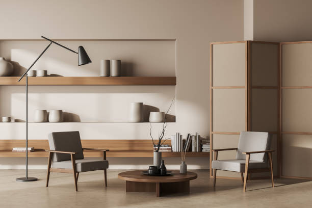 istock Light living room interior with two seats and shelf with decoration 1439706878