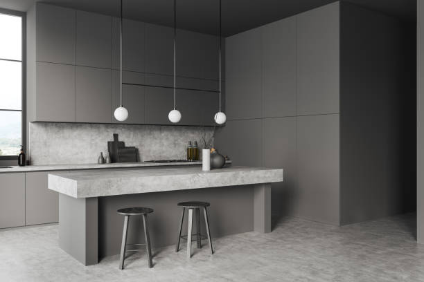 istock Grey kitchen interior with bar island and two seats, panoramic window 1439708439